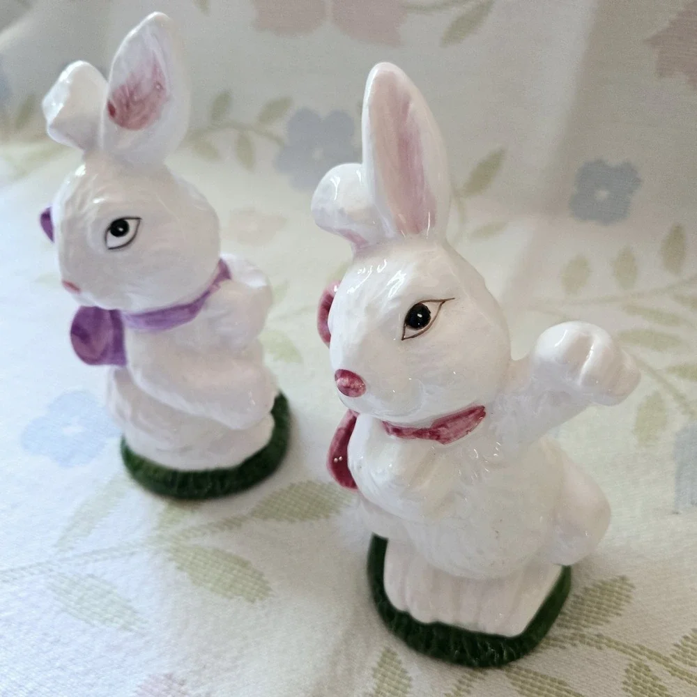 K's Collection Ceramic White Easter Bunny Rabbit Figurines Bows 6